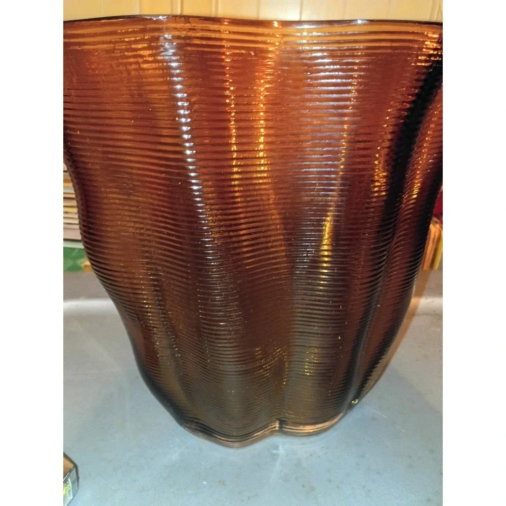 Large Ribbed Wavy Brown MCM Retro Vase 9.5